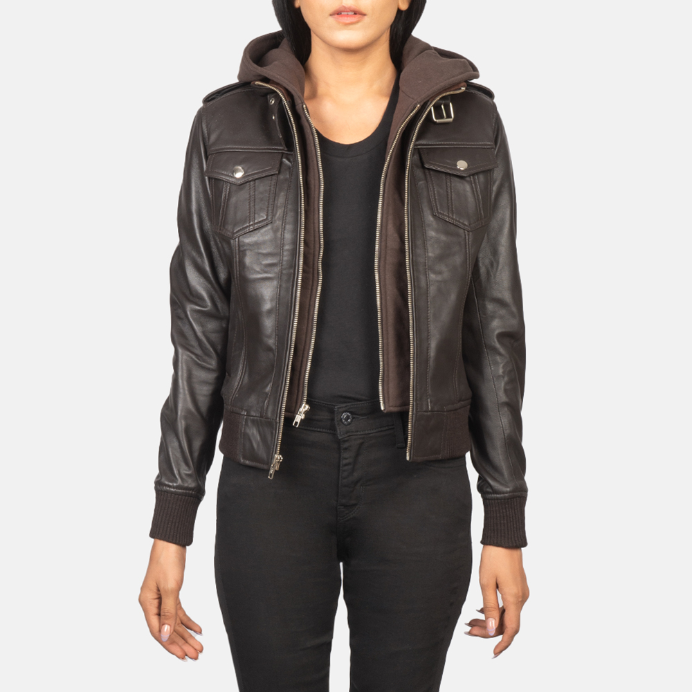Women's Roslyn Brown Hooded Leather Bomber Jacket