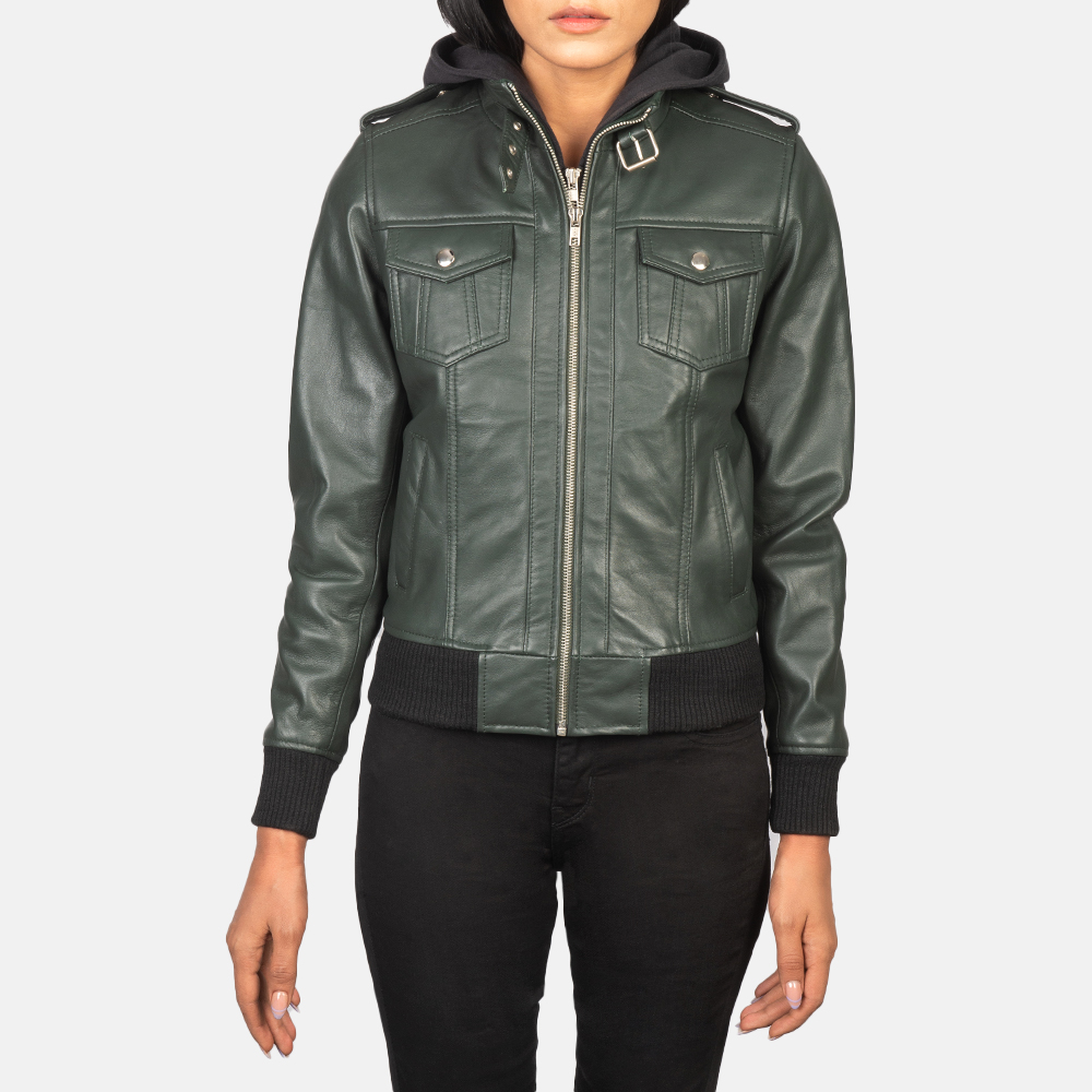 Women's Roslyn Green Hooded Leather Bomber Jacket