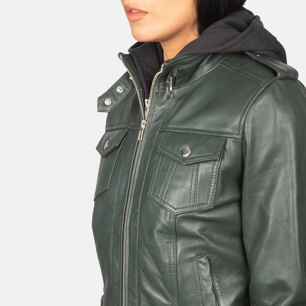 Women's Roslyn Green Hooded Leather Bomber Jacket