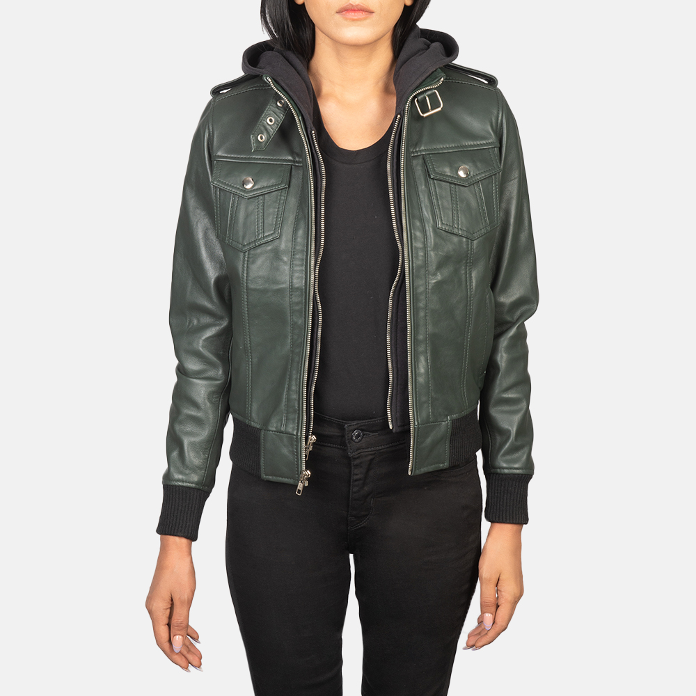 Women's Roslyn Green Hooded Leather Bomber Jacket