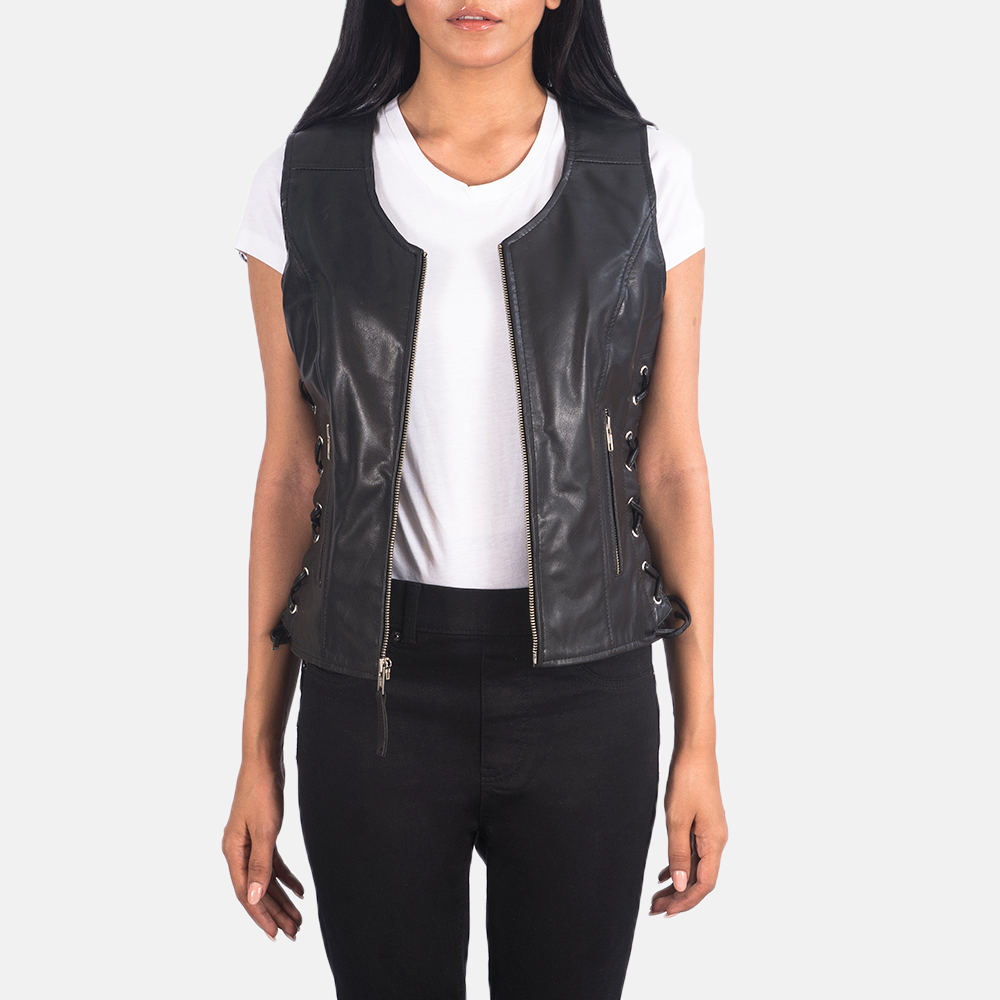 Women's Vanda Black Leather Biker Vest