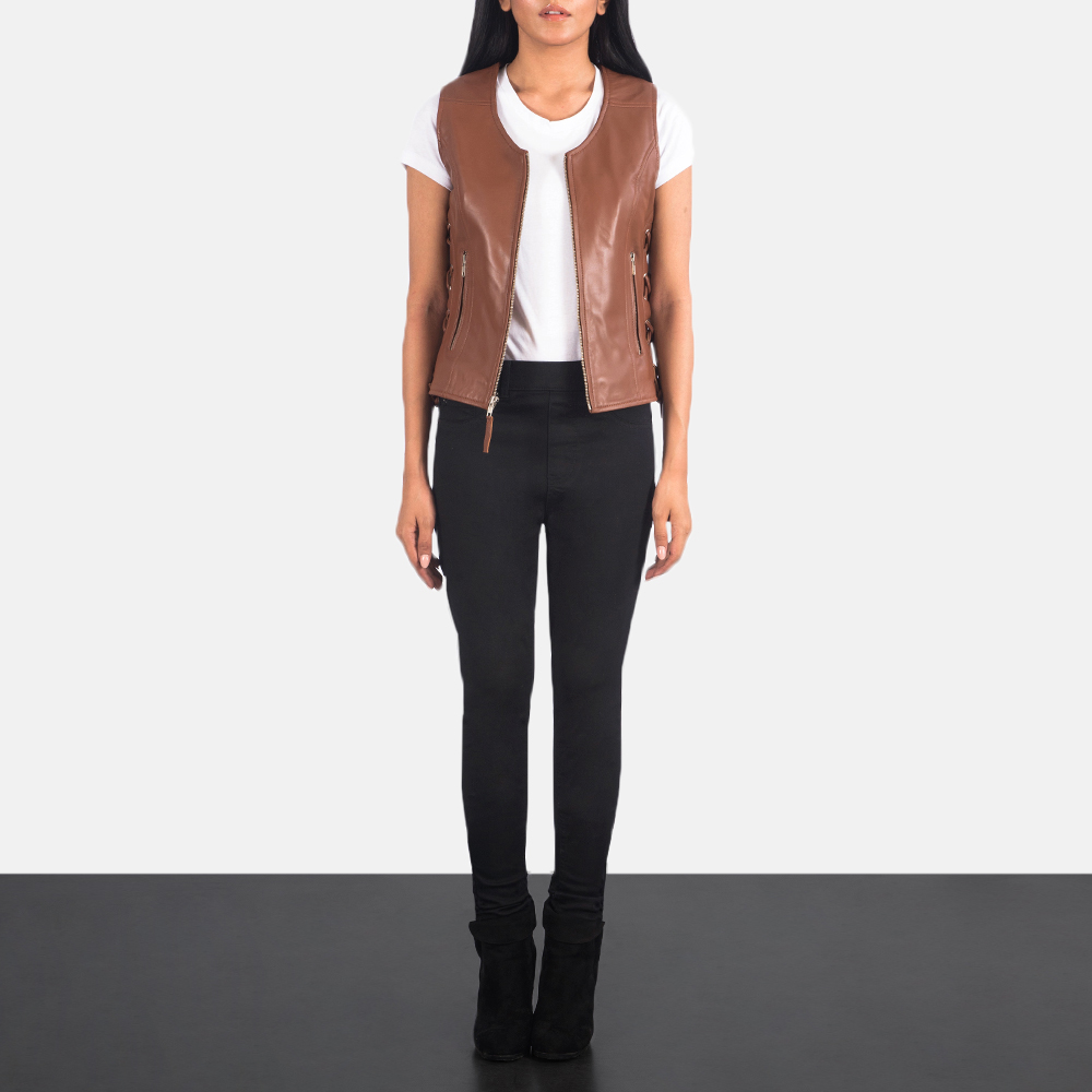 Women's Vanda Brown Leather Biker Vest