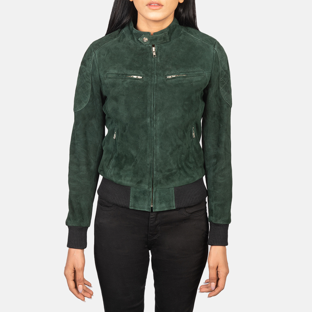 Women's Zenna Green Suede Bomber Jacket